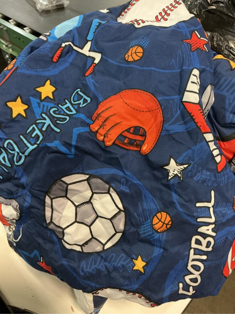 Condition photo showing As Is for a nice night 6pcs bed in a bag queen sports microfiber modern comforter set,navy rugby ball printed 