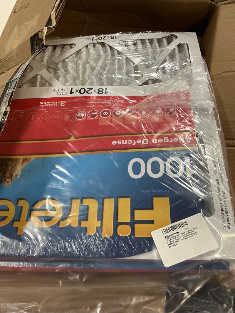 Condition photo showing As Is for (2 pack))filtrete 18x20x1 air filter, merv 11, mpr 1000, allergens & pet dander, 3-month ac and furnace filters, cleaner air, reliable airflow, 4 hvac filters (actual size 17.68 x 19.68 x 0.81 in)