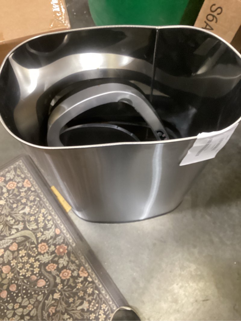 Condition photo showing As Is for bestoffice | 13 gallon trash can with lid | automatic touchless garbage can | odor control | modern oval design | easy to clean | stainless steel | fits any kitchen, bathroom, office or home stainless steel stainless steel