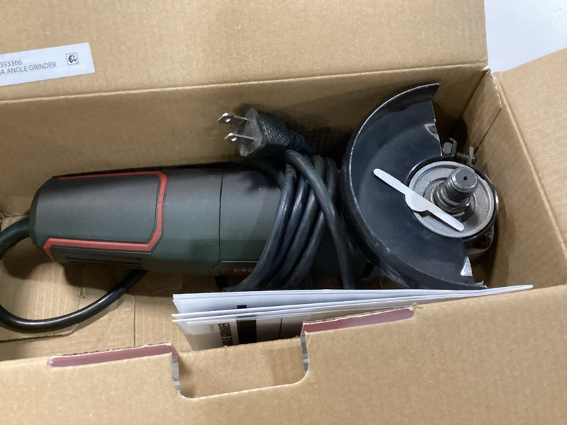 Condition photo showing As Is for hyper tough 6 amp corded angle grinder with handle, adjustable guard, 4-1/2 inch grinding wheel & wrench, new condition