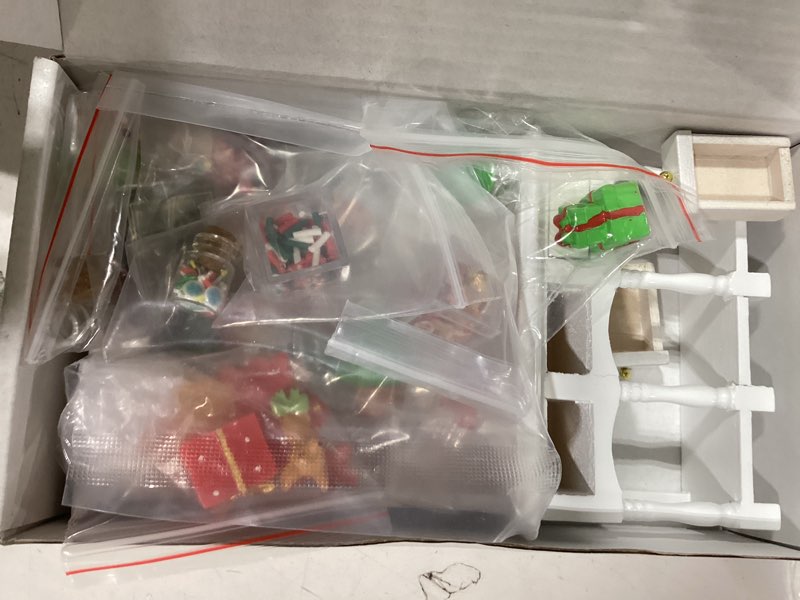 Condition photo showing As Is for Dollhouse Miniatures Accessories 1/12 Scale, 34pcs White Wooden Bookshelf Furniture Kit - Mini Books&Gift Boxes, Candy Jars, Christmas Tree&hat, Dollhouse Christmas Decorations for Kids