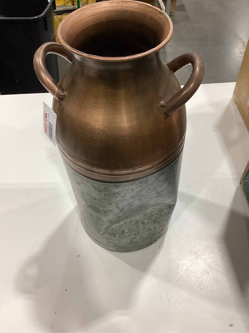 Condition photo showing As Is for red co. 16” tall large decorative galvanized metal & copper jug vase with handles, distressed grey/rose gold