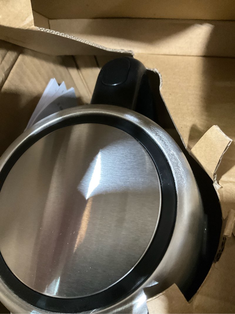 Condition photo showing New/Like New for Amazon Basics Electric Stainless Steel Kettle for Tea and Coffee, BPA-Free, Fast Boiling, Auto Shut-Off, 1.7 Liter, 1500W, Black and Silver Stainless Steel 1.8 Quarts