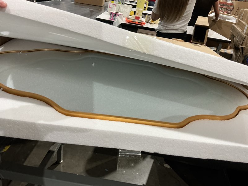 Condition photo showing Good Condition for scalloped mirror for bathroom - 20"x36" gold bathroom mirror with aviation aluminum alloy frame & shatter-proof glass for living room bedroom entryway, brushed gold frame(x1) 36"l x 20"w brushed gold(yellow)