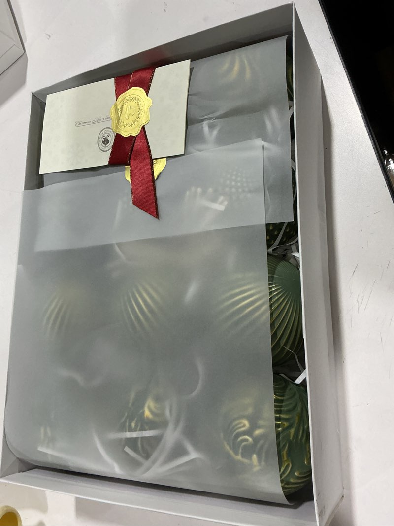 Condition photo showing Good Condition for 12PCS Rustic Green Christmas Ball Ornaments, 3.15" Vintage Farmhouse Hanging Ornaments for Christmas Trees, Parties, Weddings and Home Decor