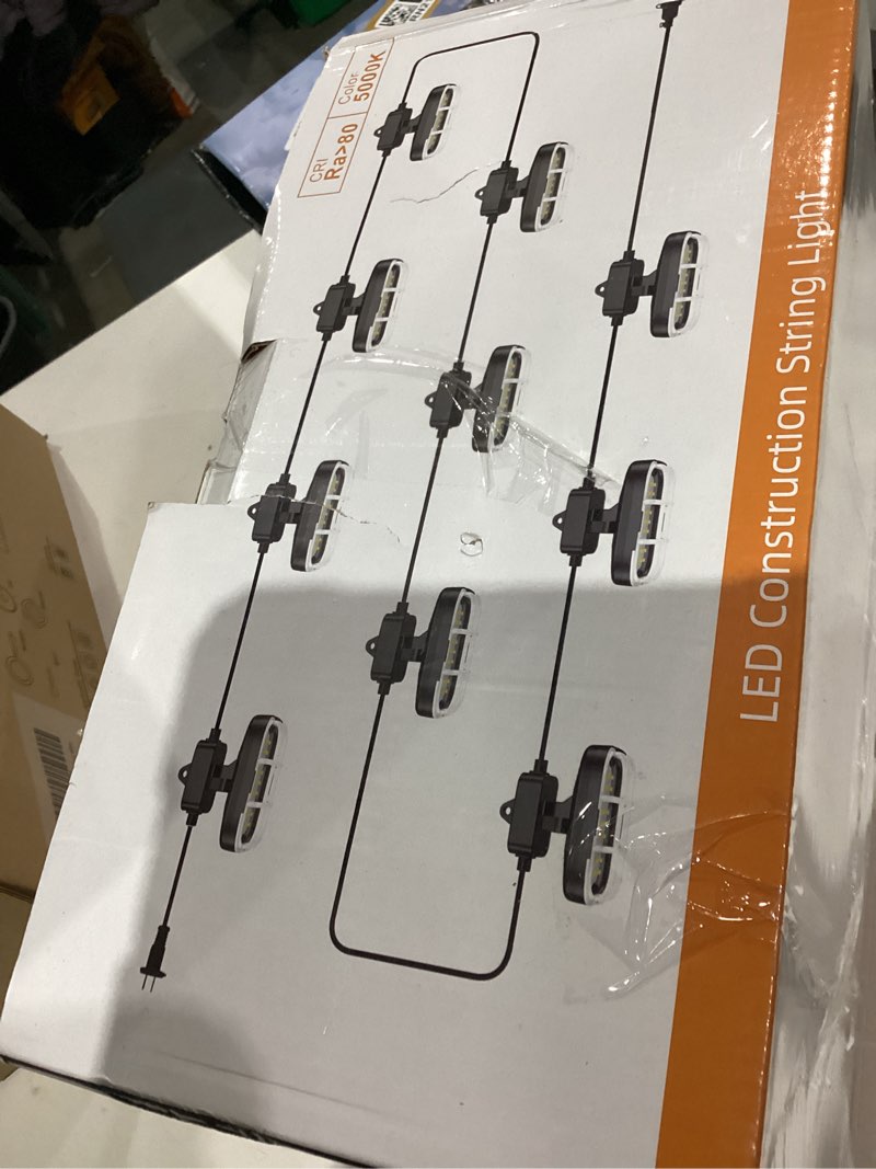 Condition photo showing As Is for 100ft LED Construction String Lights,Super Bright 15000lm 150w Adjuest 90&180 Degrees On Both Sides Waterproof IP66 Led String Work Lights, Construction Temporary Lights (100ft-Adjustable 10lights). 100FT-150w