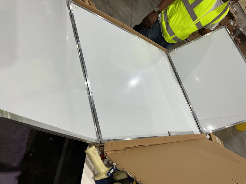 Condition photo showing As Is for 96"x36" tri-fold cork board whiteboard combo, foldable combination magnetic dry erase bulletin board & corkboard with aluminum frame wall mounted for home, office and school(wood) wood 96"w x 36"h