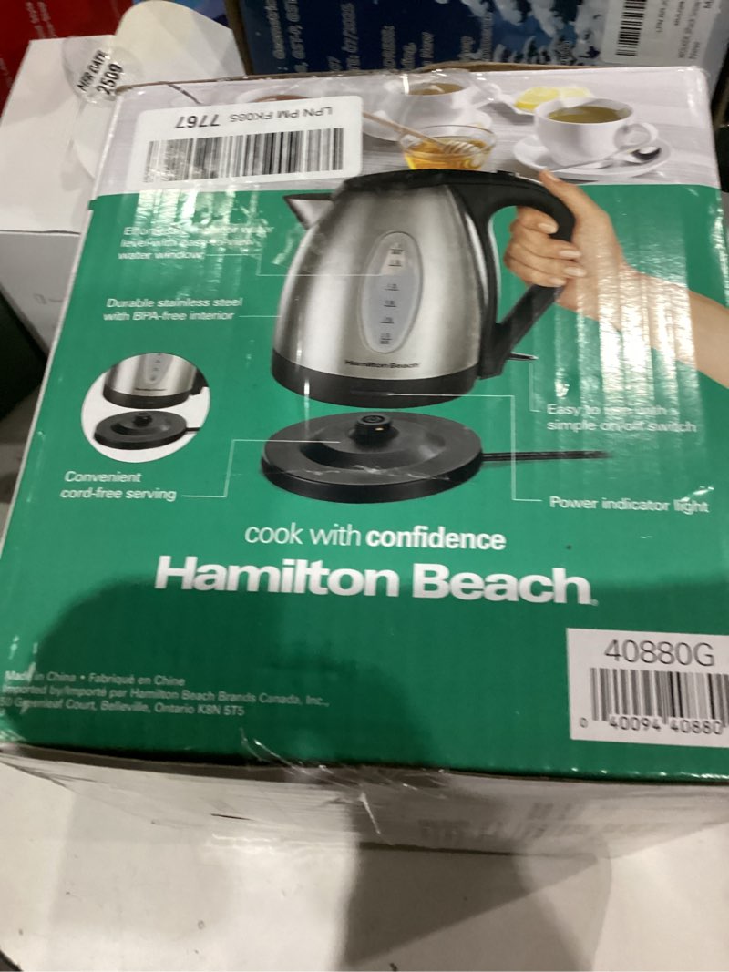 Condition photo showing As Is for Hamilton Beach Electric Tea Kettle, Water Boiler & Heater, 1.7 Liter, Cordless Serving, 1500 Watts for Fast Boiling, Auto-Shutoff and Boil-Dry Protection, Stainless Steel (40880) BPA Free, Stainless Steel 1.8 Quarts