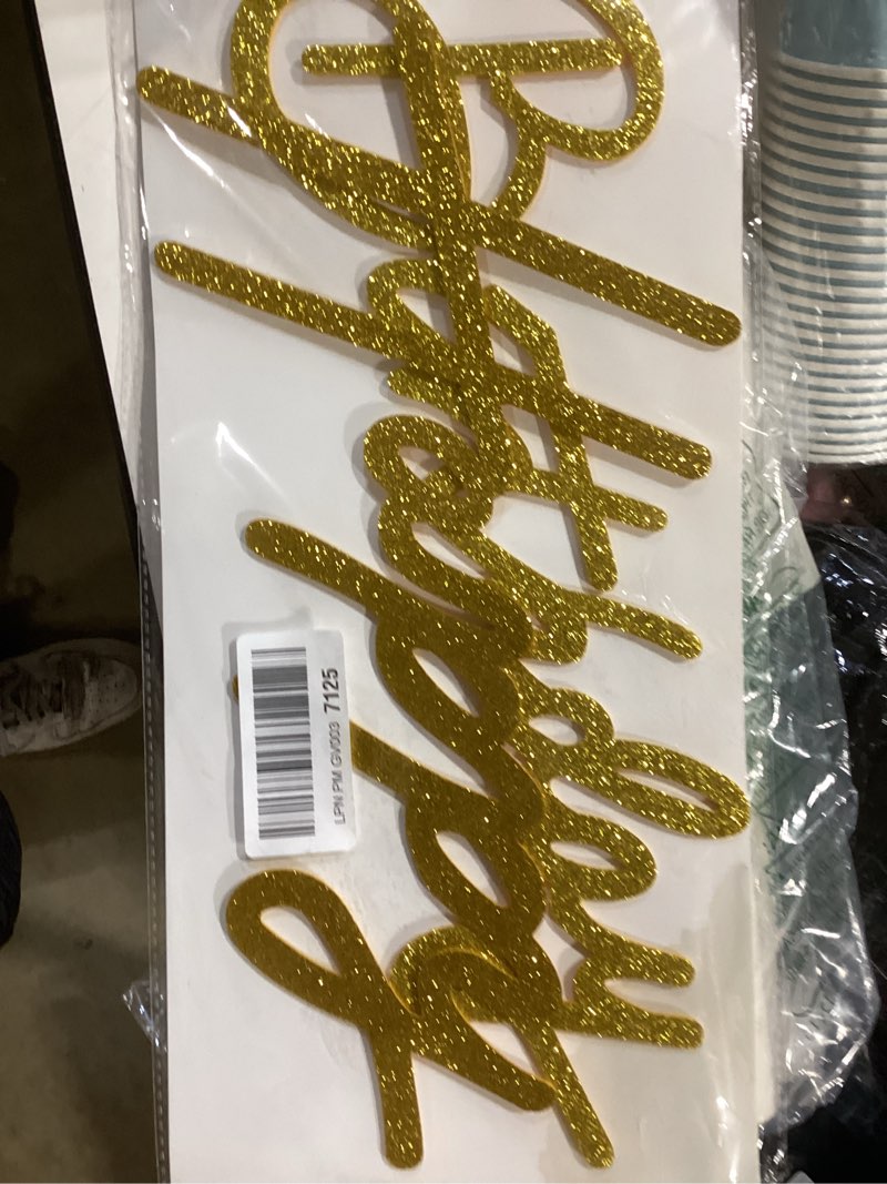 Condition photo showing New/Like New for toniful happy birthday sign for backdrop - glitter gold felt banner - includes dot glue - perfect for birthday party backdrop,wall decr,balloon arch,photo background