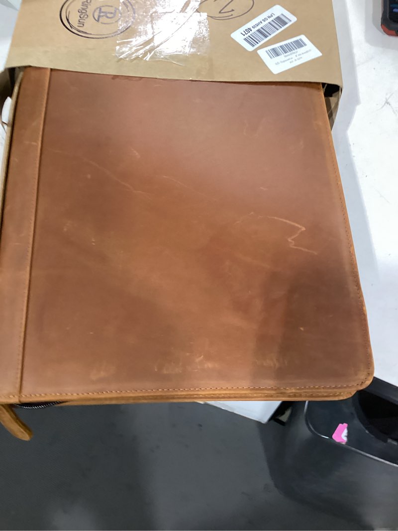 Condition photo showing As Is for ringsun genuine leather portfolio organizer for men women with handle, full grain leather padfolio folder with zipper business resume portfolio for 12.9" ipad, brown, rs118 brown 3