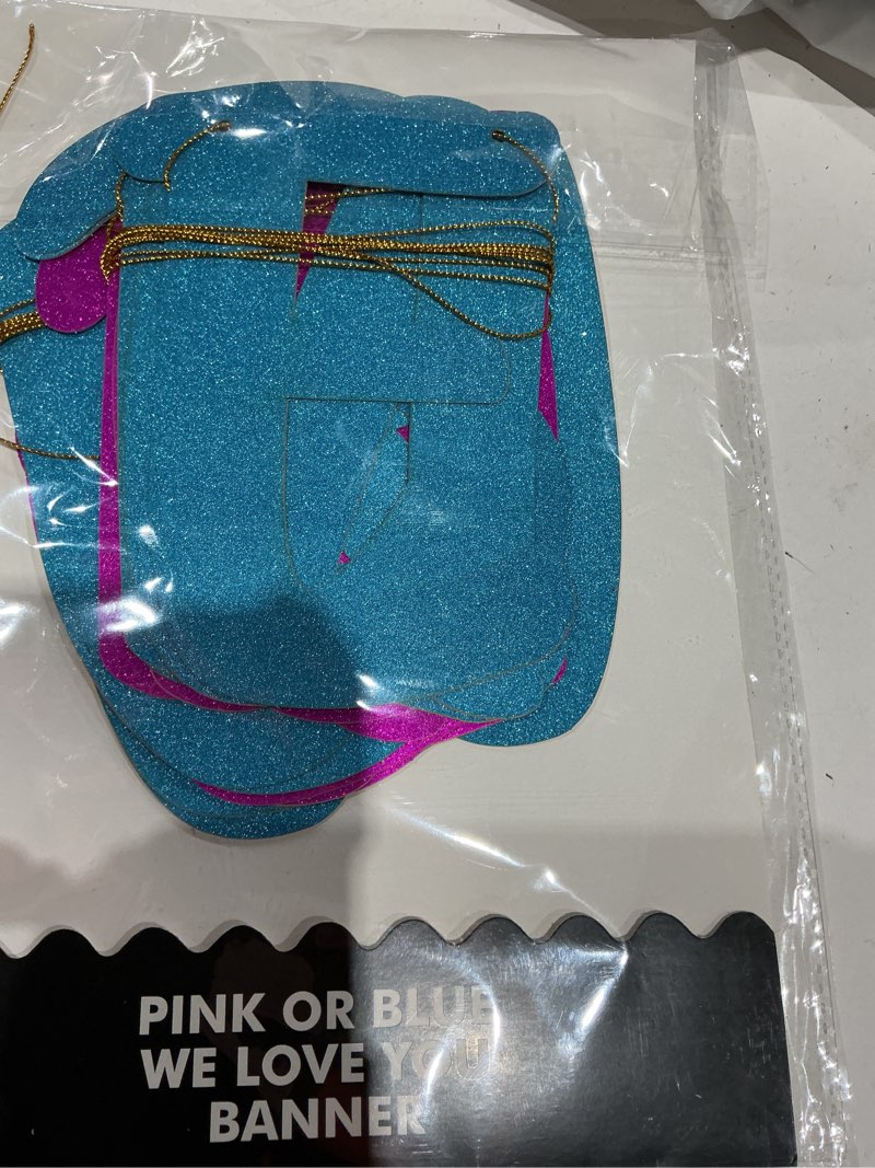 Condition photo showing As Is for gender reveal party baby shower decorations - "pink or blue" banner - pregnancy announcement