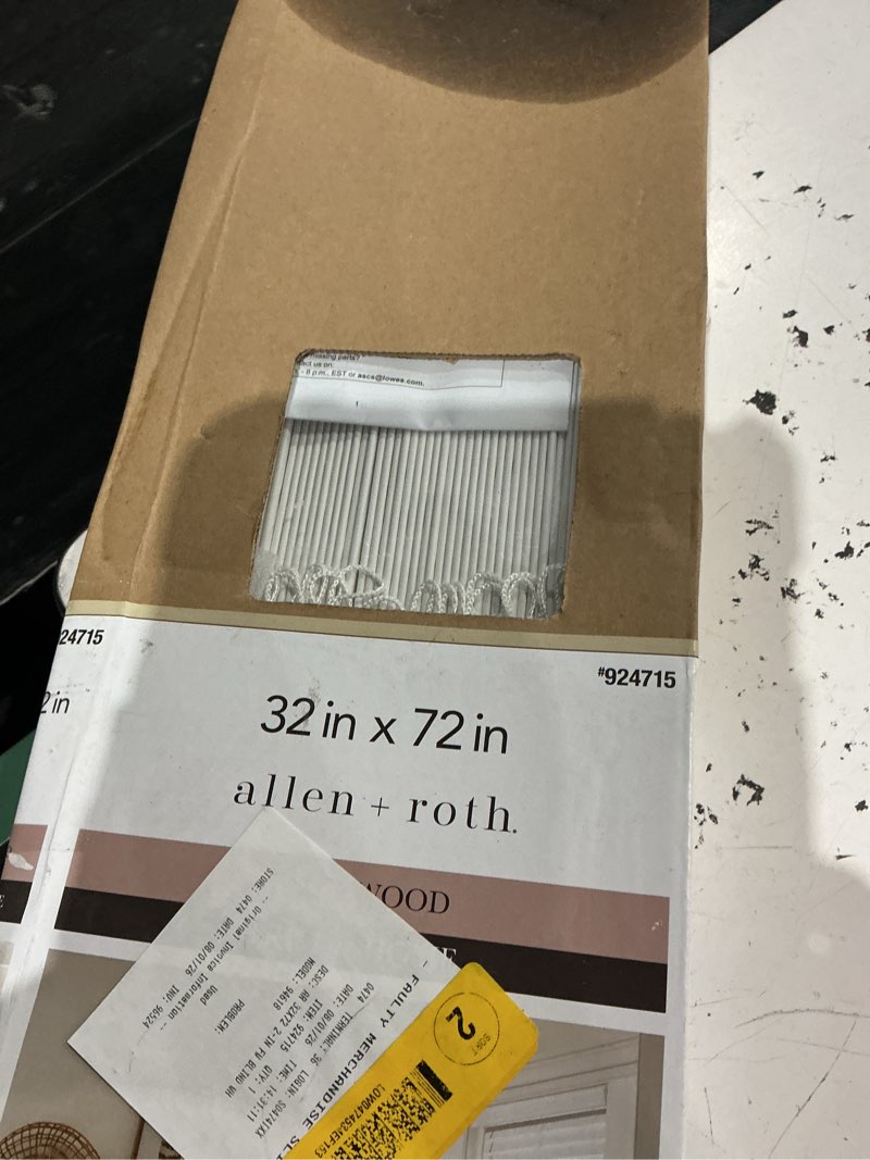Condition photo showing As Is for allen + roth trim at home 2-in slat width 32-in x 72-in cordless white faux wood room darkening plantation blinds