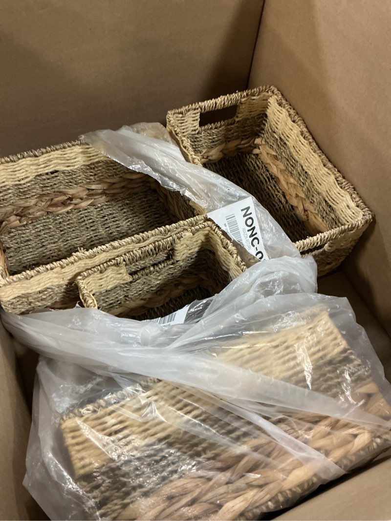 Condition photo showing Good Condition for suzile 4 pcs wicker storage basket water hyacinth seagrass woven baskets for organizing square wicker storage cubes with handles natural organizer baskets pack for shelves bedroom, 12 x 8 x 6.3 inch water hyacinth seagrass medium 4