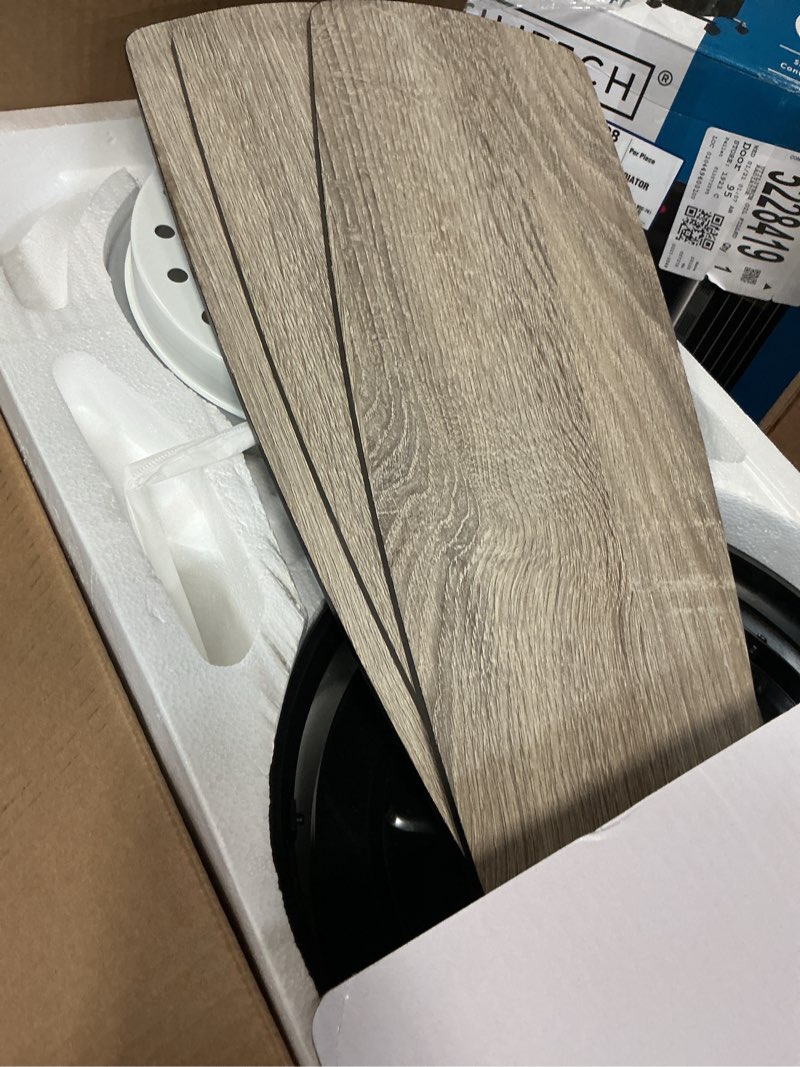 Condition photo showing As Is for (incomplete) harbor breeze mazon 44-in matte black with black/driftwood blades integrated led indoor flush mount ceiling fan with light and remote (3-blade)
