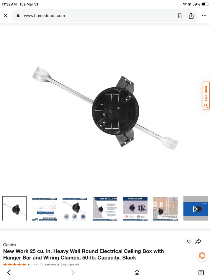 New Work 25 cu. in. Heavy Wall Round Electrical Ceiling Box with Hanger Bar and Wiring Clamps, 50-lb. Capacity, Black
