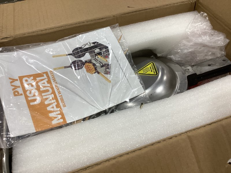 Condition photo showing As Is for pyy bubble waffle maker - commercial egg puff waffle iron machine, 180° rotating, non-stick coating, 1500w hong kong electric stainless steel, 122-482?, 30 egg cones silver single-head