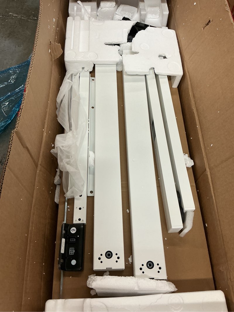 Condition photo showing As Is for tiqlab 48 * 24 inch standing desk with two drawers, stand up standing desk adjustable height, electric sit stand desk with storage shelf and splice board, white