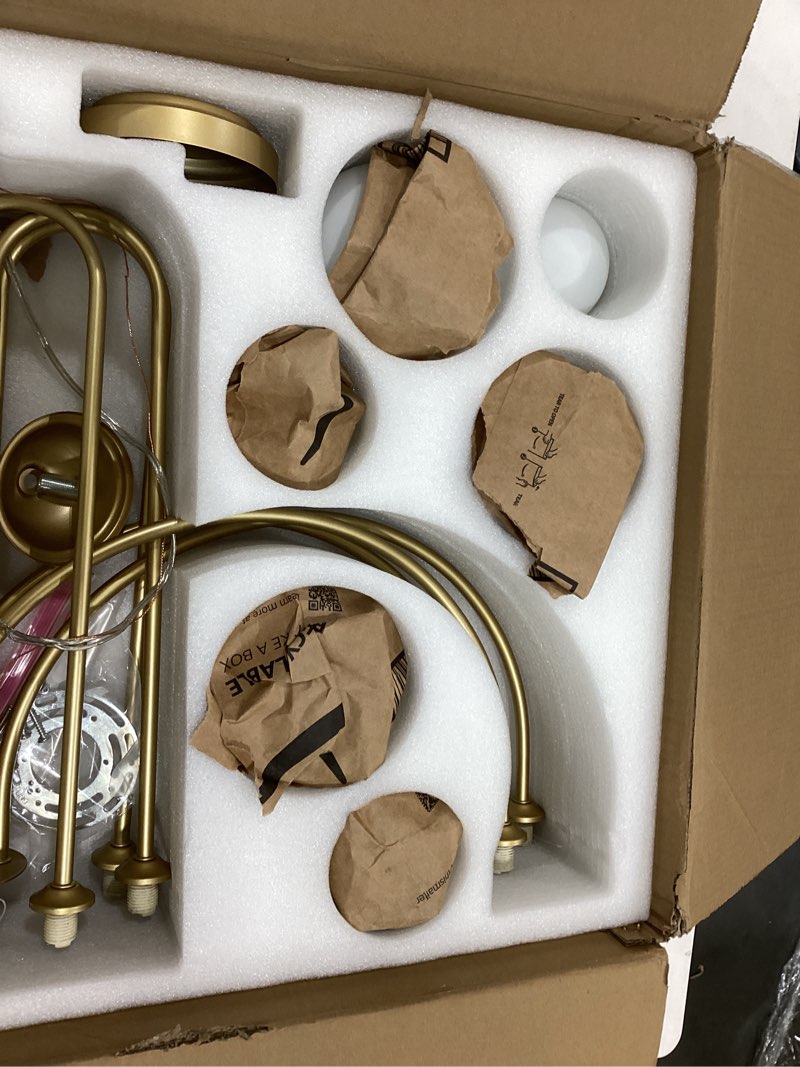 Condition photo showing New/Like New for Gold Sputnik Chandelier,6 Lights Large Modern Chandelier L40”Mid Century Long Ceiling Pendant Light Fixtures for Dining Room with Milk Glass Globe Shades for High Ceiling Foyer Living Room Gold globe