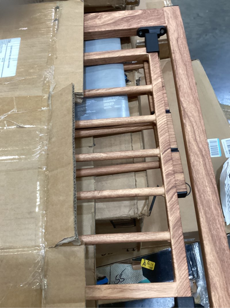 Condition photo showing As Is for mom's choice award winner, babelio 26-40" metal baby gate with wood pattern, pressguard c5 easy install pressure mounted dog gate for stairs and doorways, with wall protectors and extension kits brown wood pattern 30"tall 26"-40" wide