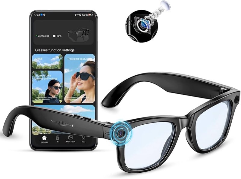 ai smart glasses with camera, 4k 800w hd video recording glasses with audio, bluetooth sunglassess w