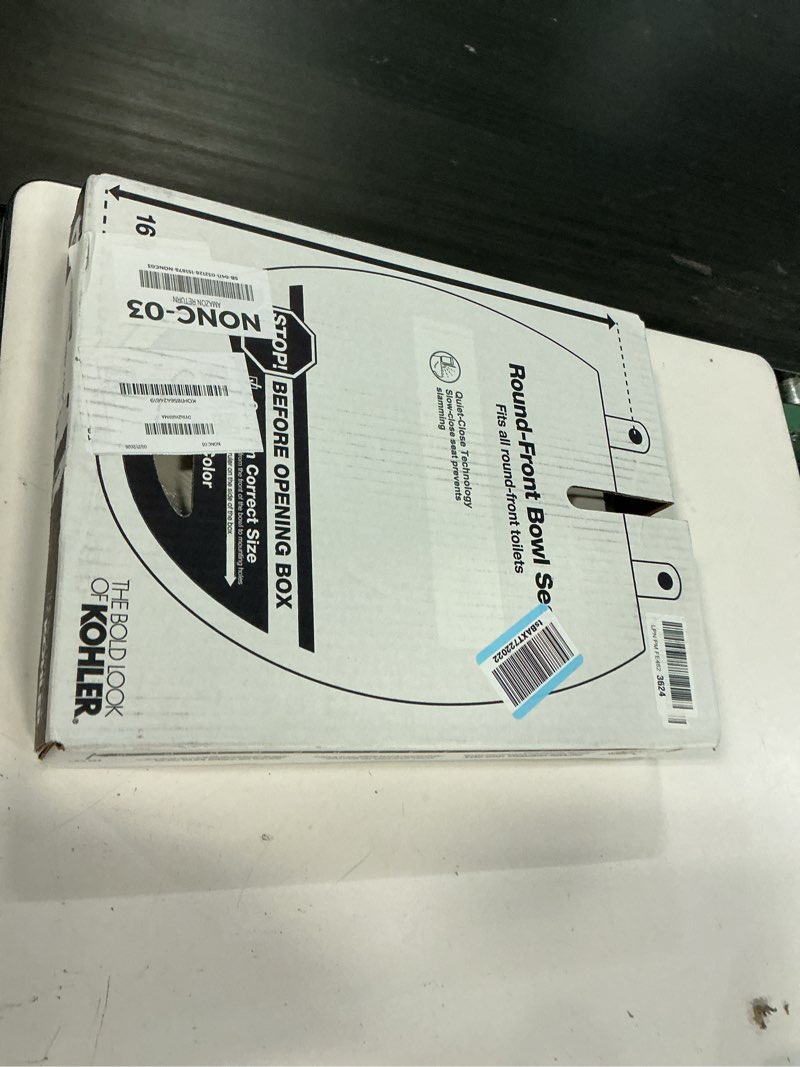 Condition photo showing New/Like New for kohler 20111-0 brevia, slow close toilet seat, round toilet seat, grip-tight bumpers quick-attach hardware, white