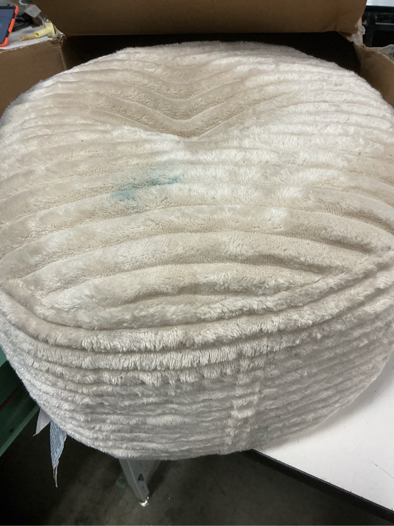 Condition photo showing As Is for pouf ottoman stuffed round for foot rest, faux fur poufs with foam chunk filling, storage ottoman pouf foot stool beige 