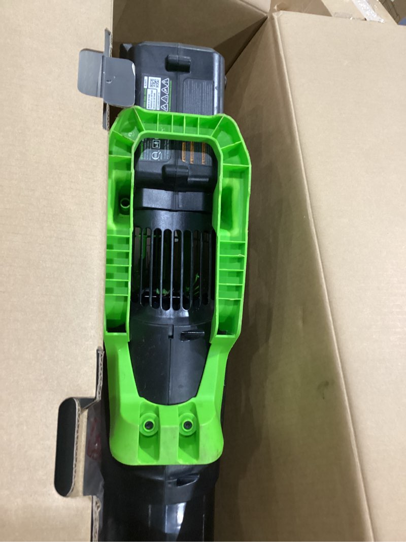 Condition photo showing As Is for NOT TESTED MISSING PARTS USED Greenworks 80V (770 CFM/190 MPH) Brushless Cordless Leaf Blower, Commercial-Grade Power for Autumn Leaf Composting, Spring Pollen Cleanup and Post-Snow Debris, Includes 4.0Ah Battery & Rapid Charger 80V (770 CFM), 4.0Ah