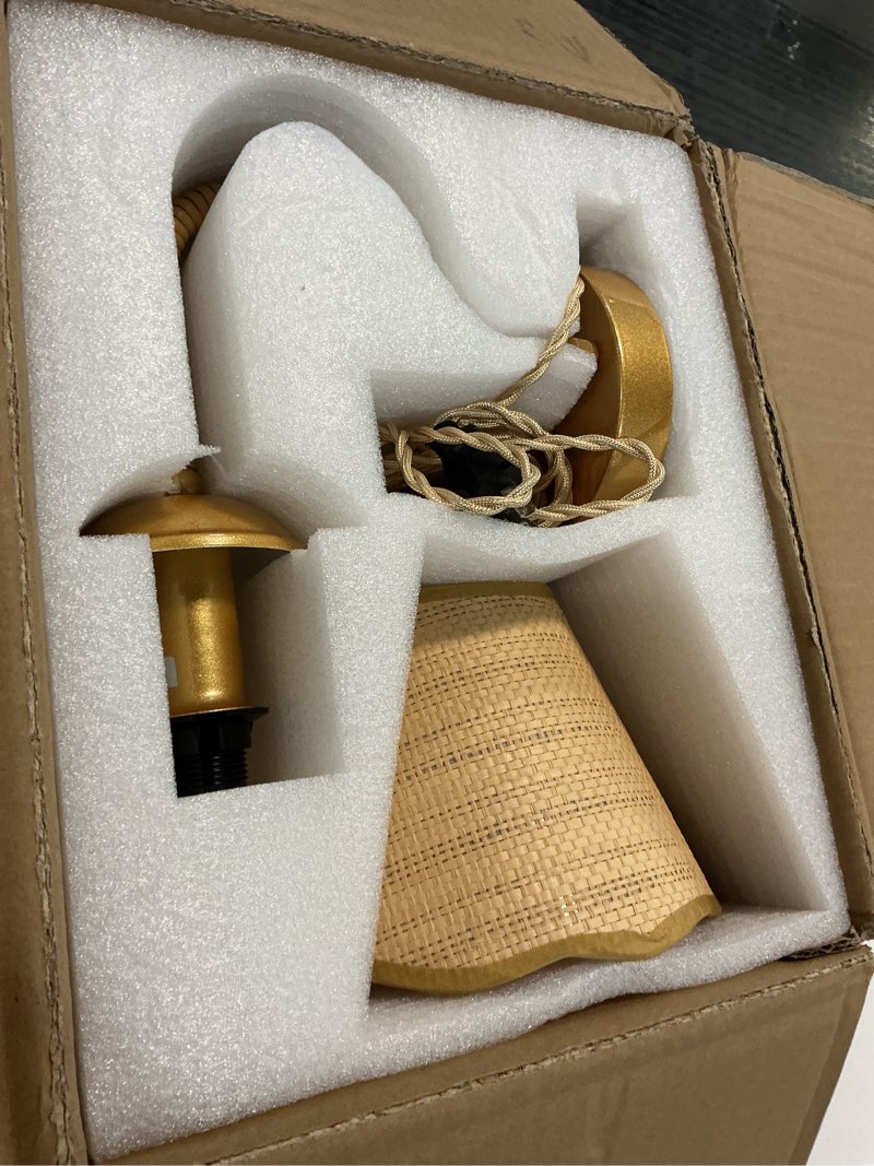 Condition photo showing Good Condition for Rattan Wall Sconce,Boho Hand-Woven Gold Wall Light,Rustic Modern Rattan Sconce Lighting,Gold Plug in Wall Lights for Living Room,Bedroom,Hallway,Vanity,1-Light Gold-1-Light