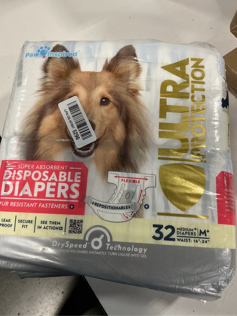 Condition photo showing New/Like New for paw inspired 32ct disposable dog diapers | female dog diapers ultra protection | diapers for dogs in heat, excitable urination, or incontinence (medium plus) medium+ (32 count)