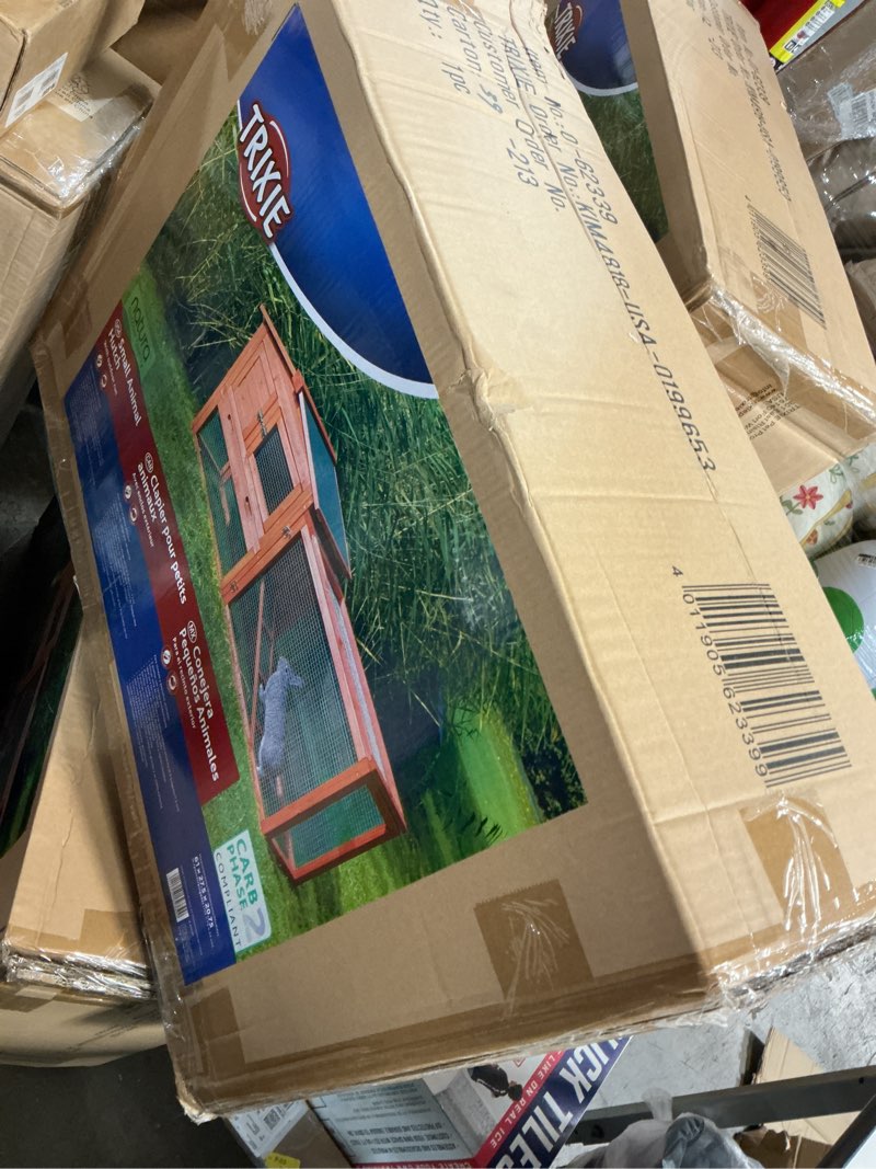 Condition photo showing New/Like New for trixie natura outdoor rabbit hutch with run - small elevated rabbit cage with non-slip ramp - small animal house with large playpen, hinged roof & pull-out tray - in natural extra-small rabbit hutch
