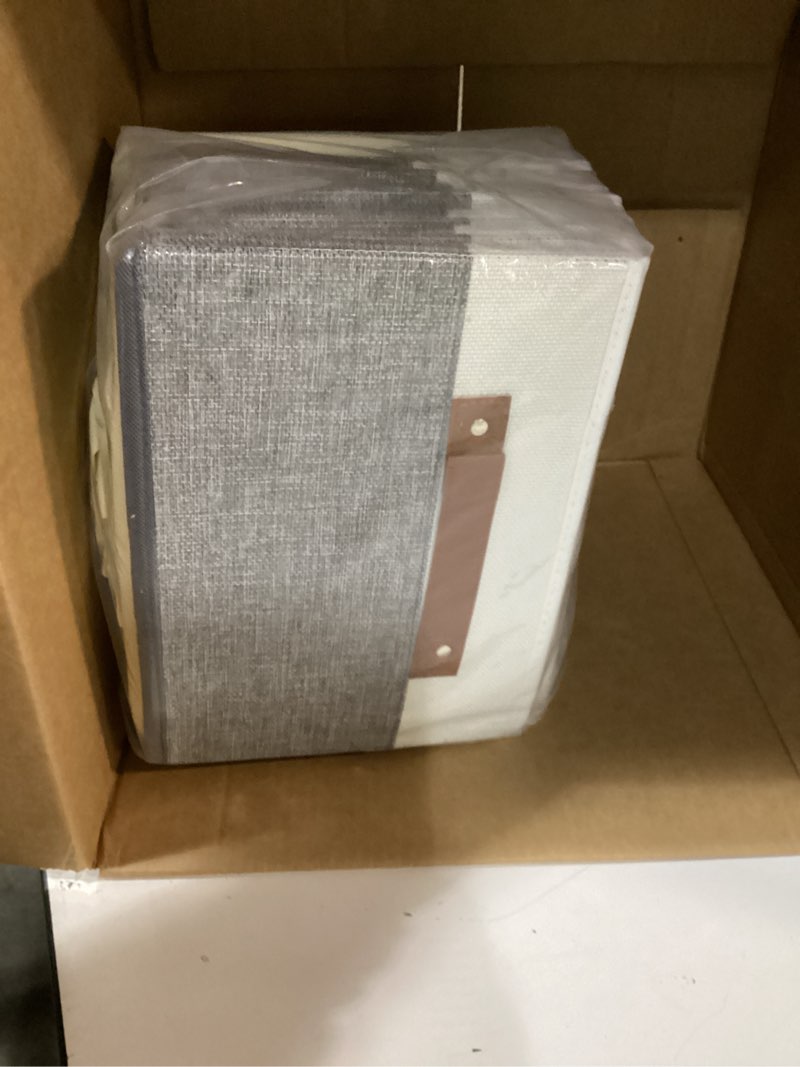 Condition photo showing Good Condition for 6 Pack Closet Storage Bins, Storage Baskets for Shelves, Linen Closet Organizers and Storage with Leather Handles for Clothes,Towels, Sheets, Jeans, Toys, Books (Grey and White) 6 Pack Grey & White