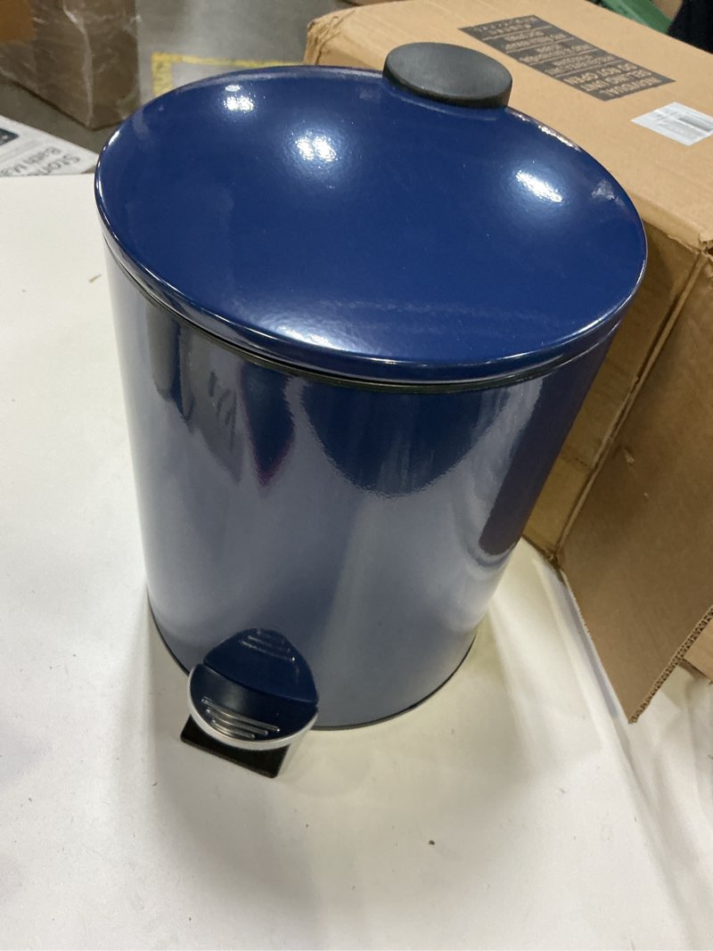 Condition photo showing Good Condition for mDesign Metal 1.3 Gallon/5 Liter Round Step Trash Wastebasket, Garbage Container Bin with Lid for Bathroom, Powder Room, Bedroom, Kitchen, Craft Room, Office - Removable Liner Bucket - Navy Blue