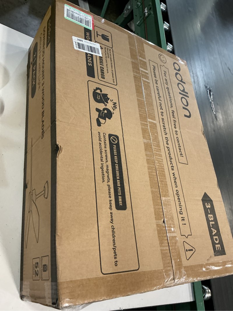 Condition photo showing New/Like New for addlon 2 pack 52 inch ceiling fans with lights, black ceiling fan with light and remote control, reversible, 3 wood blades, 6 speeds, 3cct dimmable, noiseless, wood ceiling fan for indoor/outdoor use black-downrod mount-light