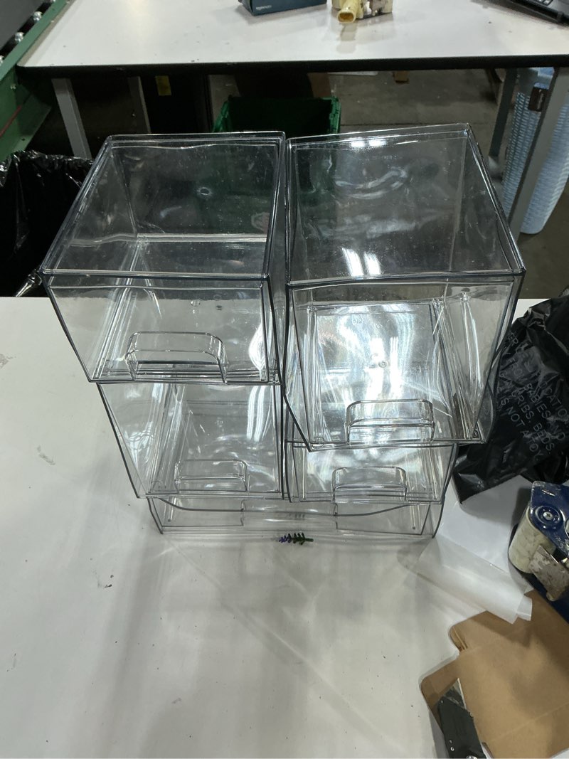 Condition photo showing As Is for 5-pack stackable clear plastic over-the-cabinet vanity organizer with built-in handle, 2 small+2 high+1 wide