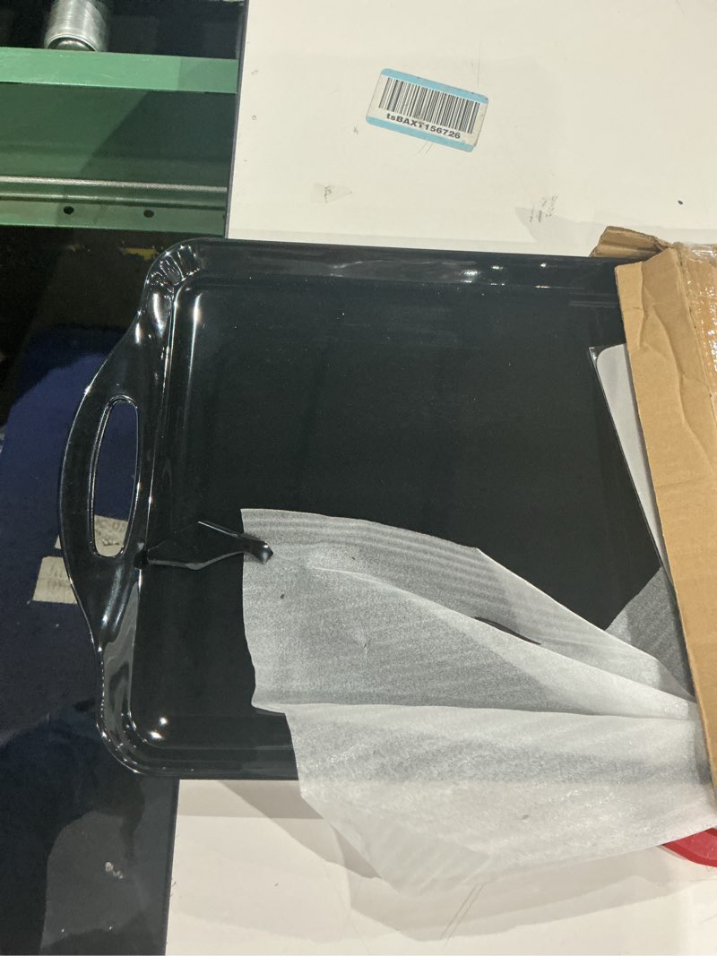 Condition photo showing As Is for large black serving tray with handles, 19''x11.6'' melamine platters, rectangular trays for serving food, turkey, cookie, cupcakes, desserts, dishwasher safe, bpa-free, set of 2