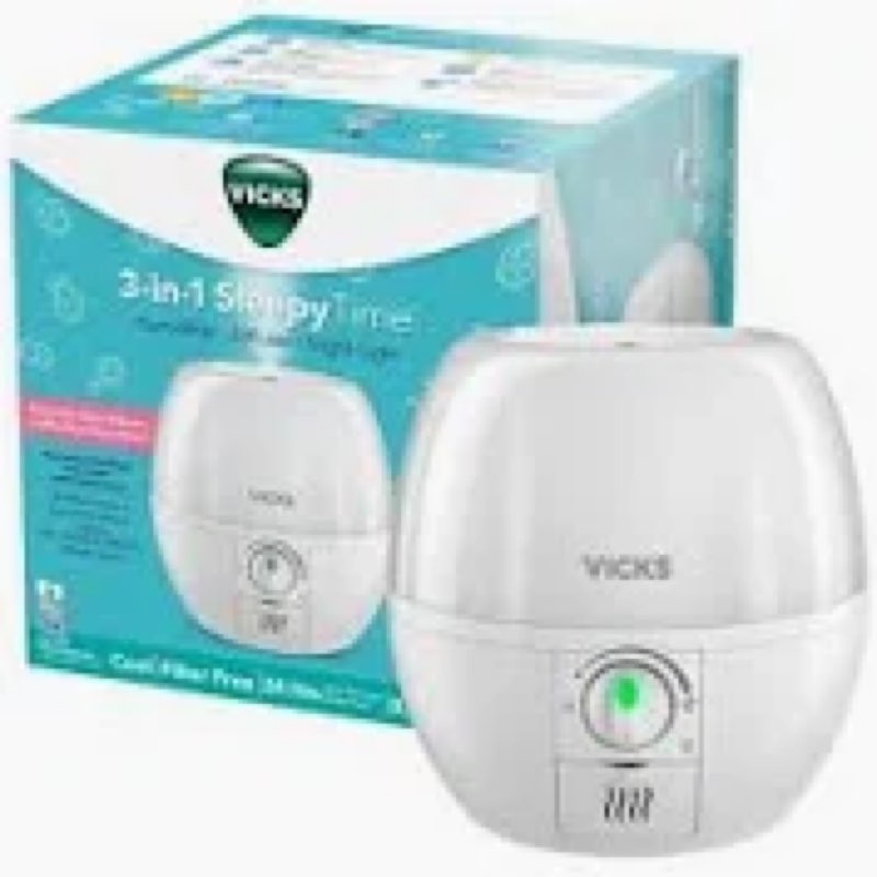 Vicks 3-in-1 SleepyTime Humidifier, No. 1 Brand Recommended by Pediatricians*. Cool Mist Humidifier with Night-Light, and Essential Oil Diffuser for Baby and Kids rooms. Visible Cool Mist, White.