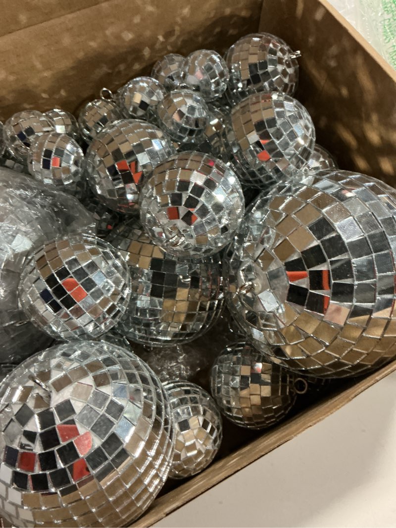 Condition photo showing Good Condition for 54 Pcs Mini Silver Disco Balls - Hanging Mirror Ornaments for Party, Wedding, Christmas Supplies 1.2 Inch, 2 Inch, 3.2 Inch, 4 Inch