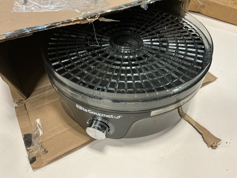 Condition photo showing As Is for elite gourmet efd319 food dehydrator, 5 bpa-free 11.4" trays adjustable temperature controls, jerky, herbs, fruit, veggies, dried snacks, black