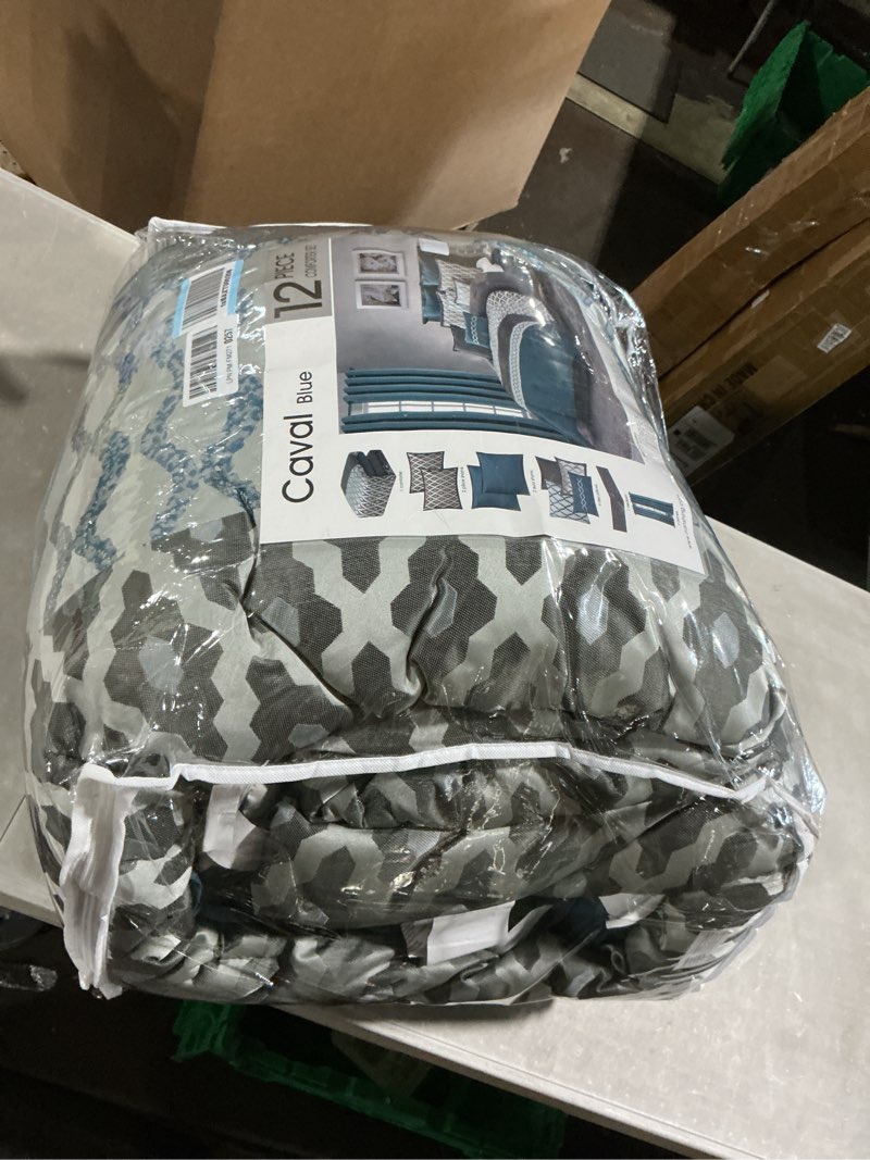Condition photo showing Good Condition for stratford park geometirc king blue comforter set, 12 piece, jacquard bedding comforters & sets, bedskirt, pillows, euro shams & curtainsultra-soft