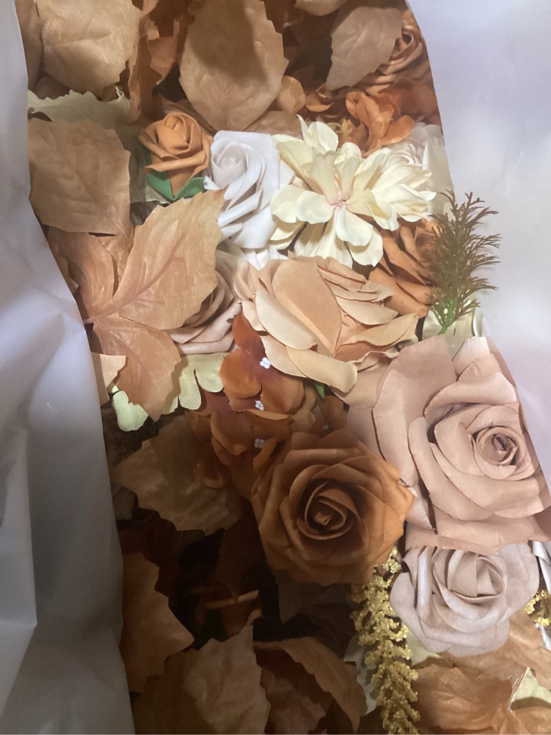 Condition photo showing As Is for tinge time wedding arch flowers kit - deluxe 5pcs artificial floral swag with 3 sheer drapes, realistic silk flower arrangements for wedding ceremony arbor backdrop reception party home decor burnt orange & champagne