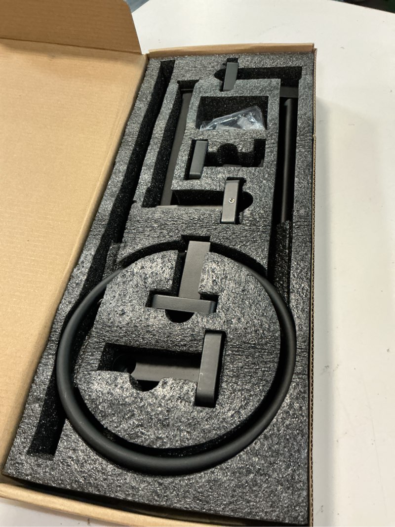 Condition photo showing New/Like New for bathroom hardware set 4 pieces,stainless steel matte black towel bar set, includes 24in towel bar, towel ring, robe towel hooks,toilet paper holder, bathroom towel rack set black 24inch