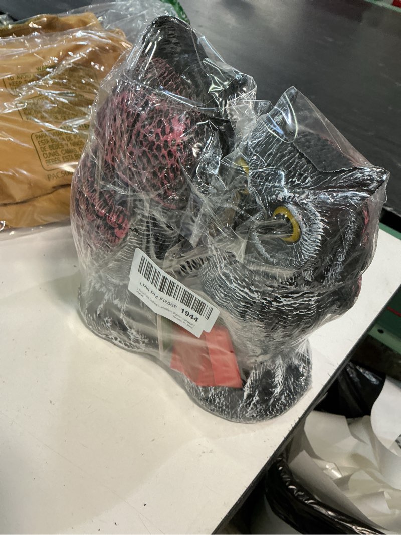 Condition photo showing New/Like New for hedoc 2 pack fake owl decoys to scare birds away, rotating head bird deterrents, nature enemy scarecrow plastic statues, pest repellent for gardens and patios 10+11 inch