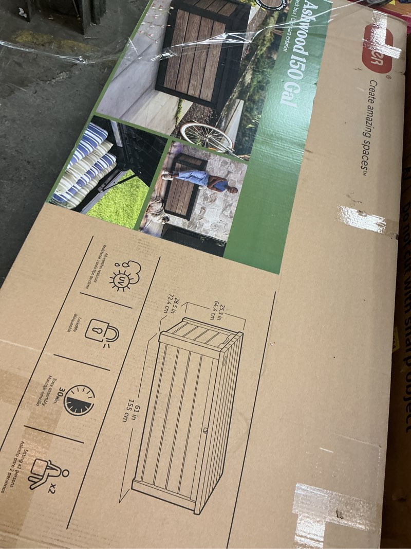 Condition photo showing Good Condition for keter eastwood 150 gallon durable resin outdoor deck box storage organization, ashwood