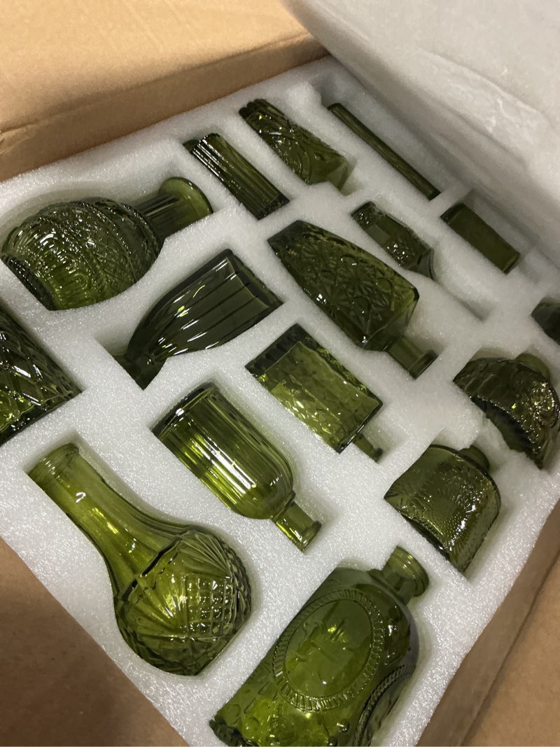 Condition photo showing Good Condition for glass bud vases set of 16 - green assorted small mini glass vases for flowers, crystal vintage vase set, bulk centerpieces for table décor, wedding, home and events (green, 16 pcs) green 16 pcs