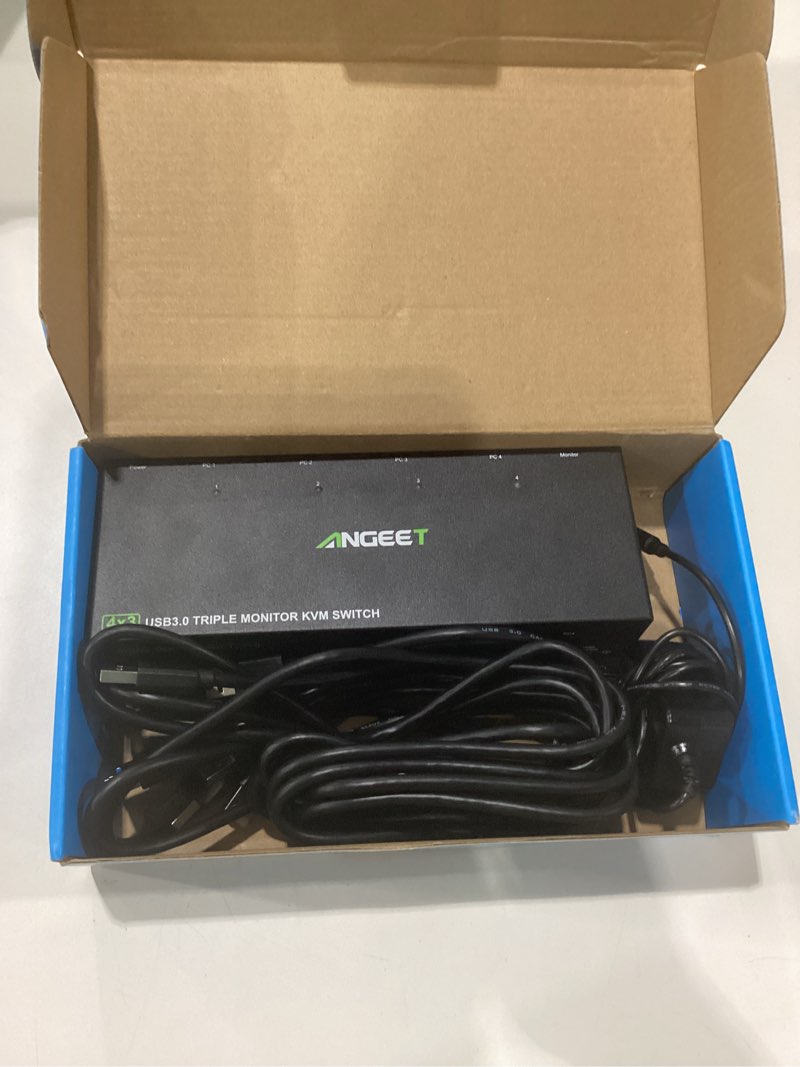 Condition photo showing New/Like New for KVM Switch 3 Monitors 4 Computers 4K@60Hz EDID Simulation, 2 HDMI+Displayport KVM Switch Triple Monitor for 4 Computer Share 3 Monitor and 4 USB3.0 Ports, Wired Remote and 4 USB Cables Included HDMI+DP 4 PC 3 Monitor