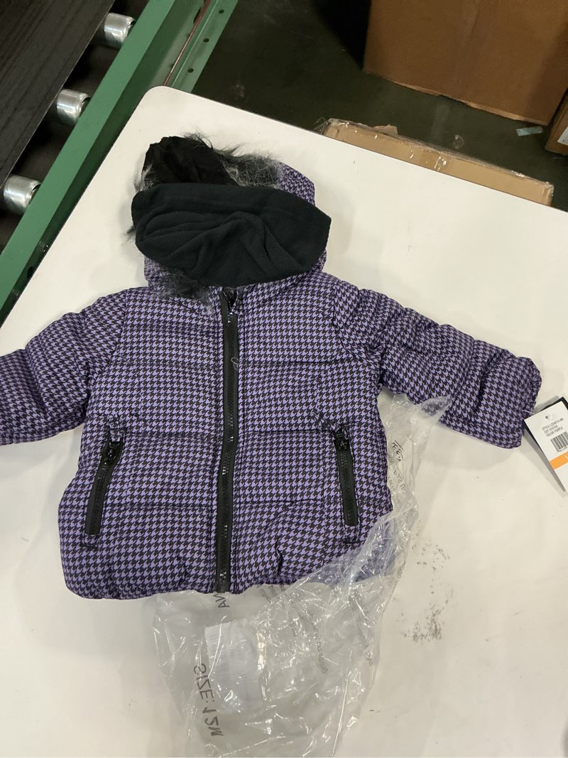 LONDON FOG Baby Girl's Heavyweight Puffer Jacket with Faux Fur Hood and Matching Beanie, Purple/Black Size 12M