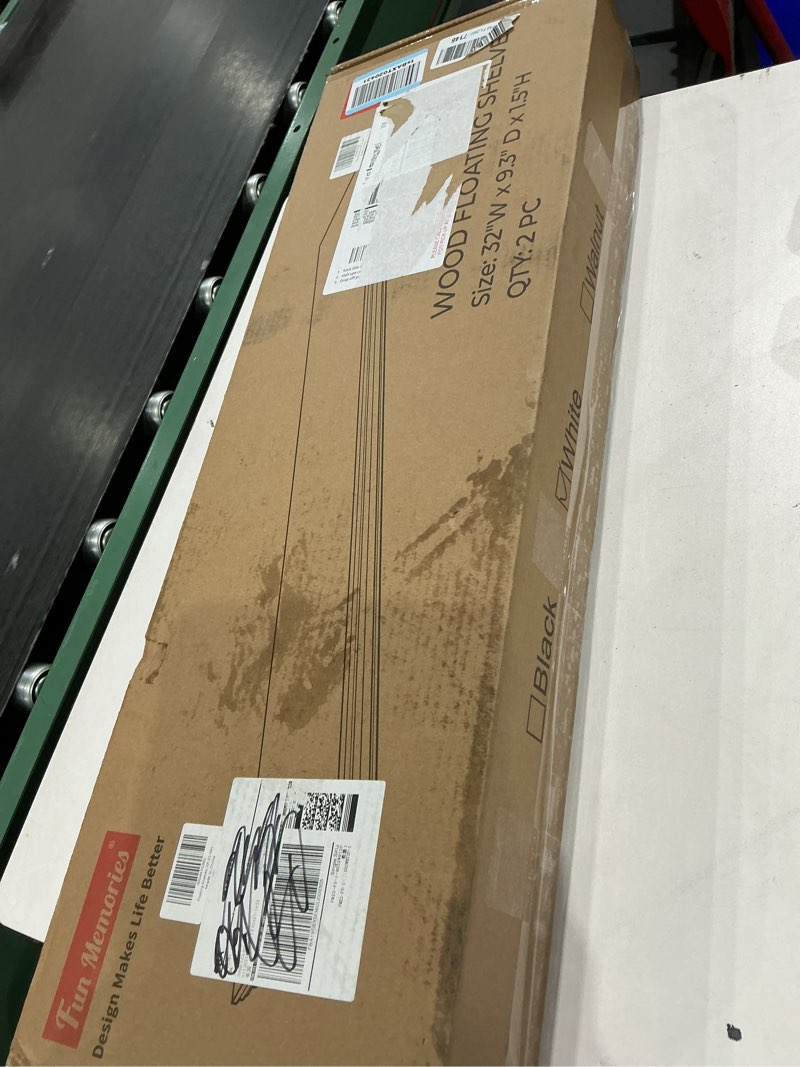 Condition photo showing Good Condition for fun memories floating shelves 32 inch long, 9.3 inch deep classic crown molding floating shelves for wall, rustic wooden shelves for wall decor bathroom, kitchen, office, (white, 2pack) white 32" - 2 pack