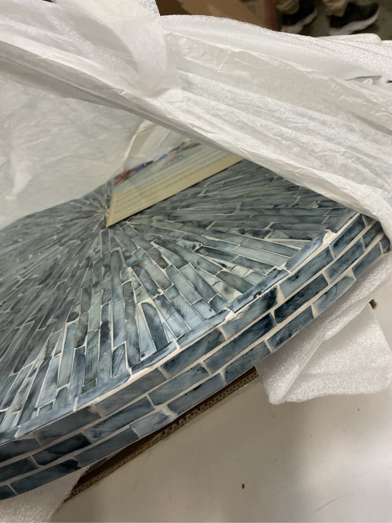 Condition photo showing Good Condition for PEMAR 22" Round Mother of Pearl Extra Large Ottoman Tray with Raised Edge, Oversized Decorative Luxury Wooden Serving Tray for Food, Coffee Table, Breakfast in Bed (Blue Sunlight)