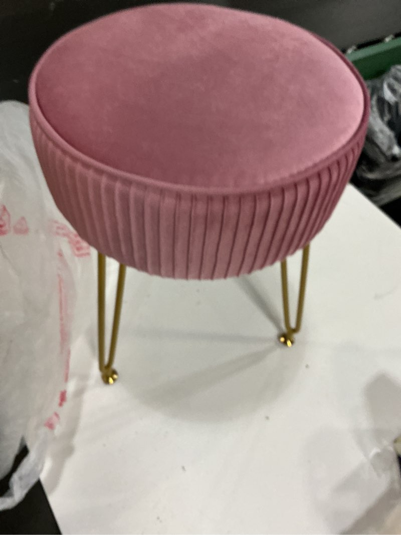 Condition photo showing Good Condition for velvet vanity stool, modern ottoman foot rest stool with adjustable golden legs, makeup chair for vanity, multifunctional small vanity chair for bedroom, pink pink velvet