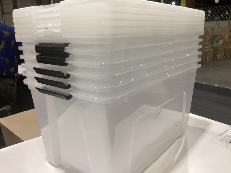 Condition photo showing As Is for light damage  iris usa 72 qt stackable plastic storage bins with lids, 6 pack - bpa-free, made in usa - see-through organizing solution, latches, durable nestable containers, secure pull handle - clear